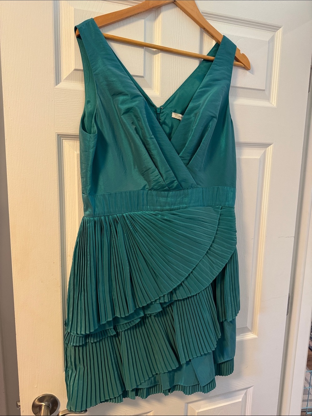 Max & Cleo Teal Sleeveless Pleated V-Neck Mini Dress